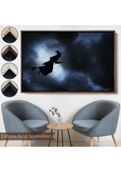 Çerçeveli Süpürgede Uçan Cadı, Cadılar Bayramı Dekoratif Duvar TABLOSU-5202