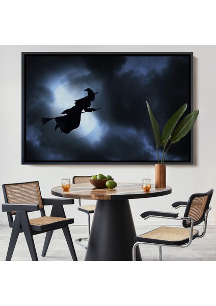 Çerçeveli Süpürgede Uçan Cadı, Cadılar Bayramı Dekoratif Duvar TABLOSU-5202