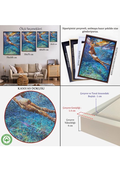 Çerçeveli Su Altında Yüzen Kız Duvar TABLOSU-6334 indirimleri