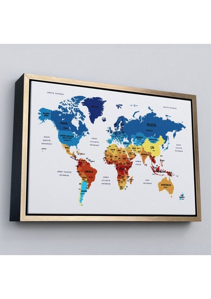 Çerçeveli Türkçe Dünya Haritası Dekoratif Kanvas Tablo Ülke ve BAŞKENTLI-1492 modelleri