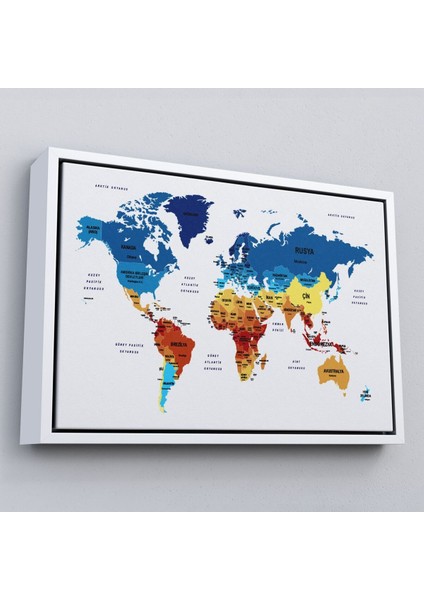 Çerçeveli Türkçe Dünya Haritası Dekoratif Kanvas Tablo Ülke ve BAŞKENTLI-1492 fırsatları