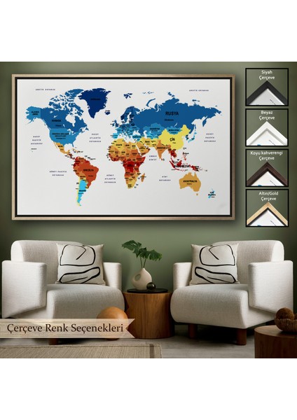 Çerçeveli Türkçe Dünya Haritası Dekoratif Kanvas Tablo Ülke ve BAŞKENTLI-1492