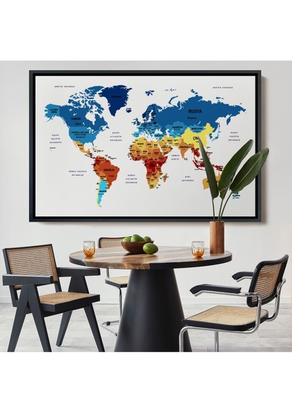 Çerçeveli Türkçe Dünya Haritası Dekoratif Kanvas Tablo Ülke ve BAŞKENTLI-1492