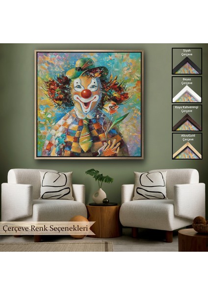 Çerçeveli Bir Çiçekli Palyaço Yağlıboya Görünüm Dekoratif Kanvas Duvar TABLOSU-5838