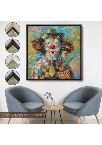 Çerçeveli Bir Çiçekli Palyaço Yağlıboya Görünüm Dekoratif Kanvas Duvar TABLOSU-5838