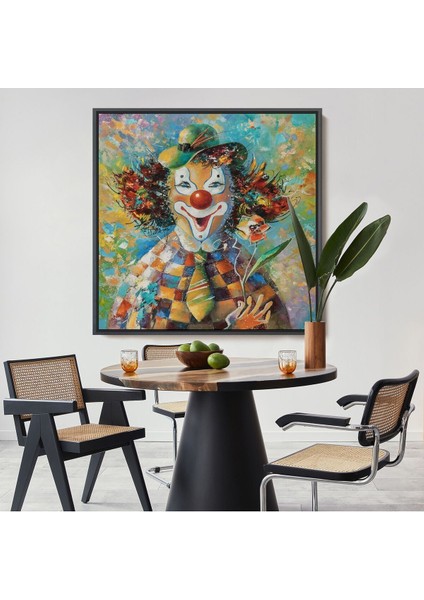 Çerçeveli Bir Çiçekli Palyaço Yağlıboya Görünüm Dekoratif Kanvas Duvar TABLOSU-5838