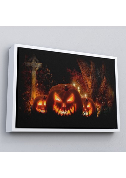 Çerçeveli Korkunç Oymalı Kabaklar Cadılar Bayramı Dekoru Dekoratif Duvar TABLOSU-5197