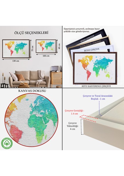 Çerçeveli Dünya Haritası Dekoratif Kanvas TABLO-1108 indirimleri