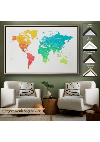 Çerçeveli Dünya Haritası Dekoratif Kanvas TABLO-1108