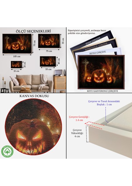 Çerçeveli Korkunç Oymalı Kabaklar Cadılar Bayramı Dekoru Dekoratif Duvar TABLOSU-5197 indirimleri