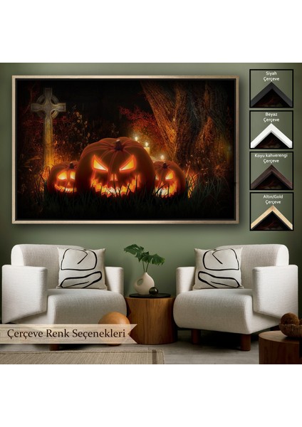 Çerçeveli Korkunç Oymalı Kabaklar Cadılar Bayramı Dekoru Dekoratif Duvar TABLOSU-5197