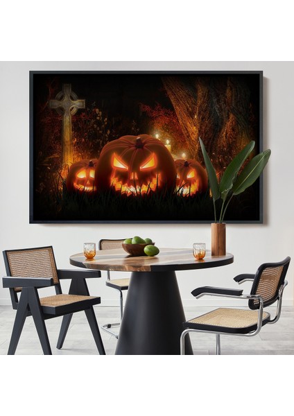 Çerçeveli Korkunç Oymalı Kabaklar Cadılar Bayramı Dekoru Dekoratif Duvar TABLOSU-5197