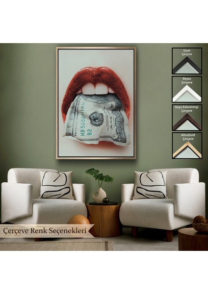 Çerçeveli Ağzın Da Dolar Olan Kadın Duvar TABLOSU-6260