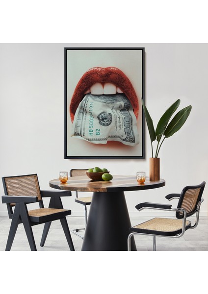 Çerçeveli Ağzın Da Dolar Olan Kadın Duvar TABLOSU-6260