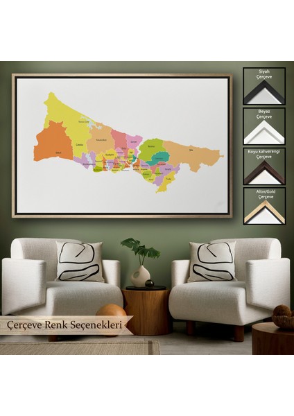 Çerçeveli Istanbul Ilçeler Haritası Dekoratif Kanvas TABLO-1017