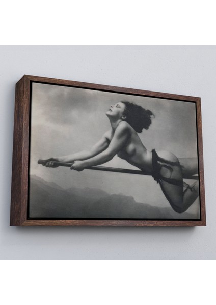 Çerçeveli Süpürgeye Binen Çıplak Cadı Tablo, Cadılar Bayramı Gotik Tablo, William MORTENSEN-5395