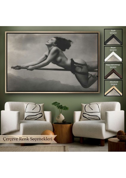 Çerçeveli Süpürgeye Binen Çıplak Cadı Tablo, Cadılar Bayramı Gotik Tablo, William MORTENSEN-5395