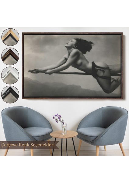 Çerçeveli Süpürgeye Binen Çıplak Cadı Tablo, Cadılar Bayramı Gotik Tablo, William MORTENSEN-5395