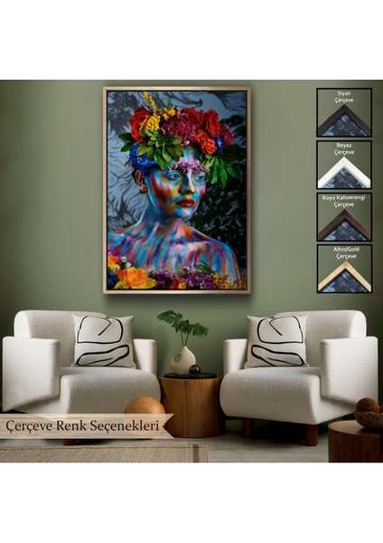 Çerçeveli Renkli Çiçek Taçlı Kız Duvar TABLOSU-5991