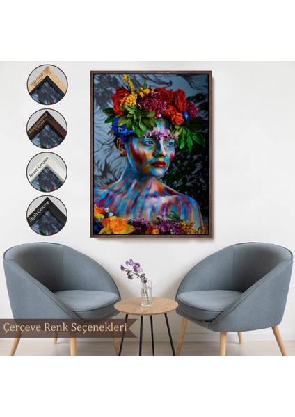 Çerçeveli Renkli Çiçek Taçlı Kız Duvar TABLOSU-5991