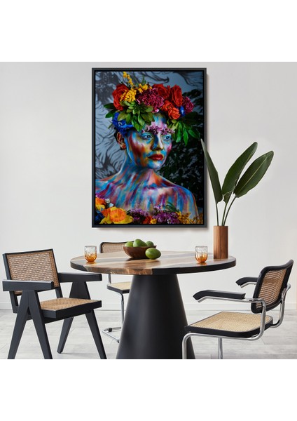 Çerçeveli Renkli Çiçek Taçlı Kız Duvar TABLOSU-5991