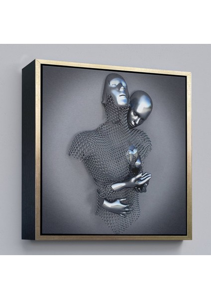 Çerçeveli Gri ve Gümüş 3D Metalik Efektli Kanvas Tablo, Romantik Beden Aşk SANATI-5355