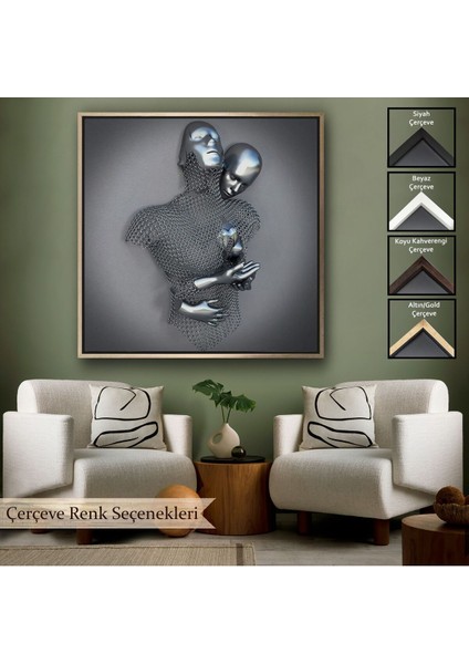 Çerçeveli Gri ve Gümüş 3D Metalik Efektli Kanvas Tablo, Romantik Beden Aşk SANATI-5355