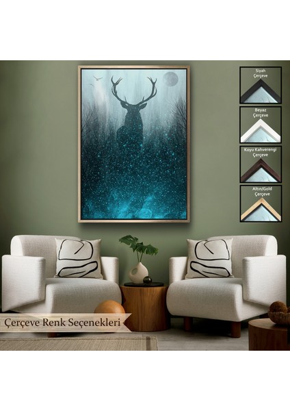 Çerçeveli Geyiğin Gece Ormandaki Silüeti Duvar TABLOSU-6369