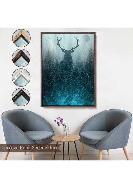 Çerçeveli Geyiğin Gece Ormandaki Silüeti Duvar TABLOSU-6369
