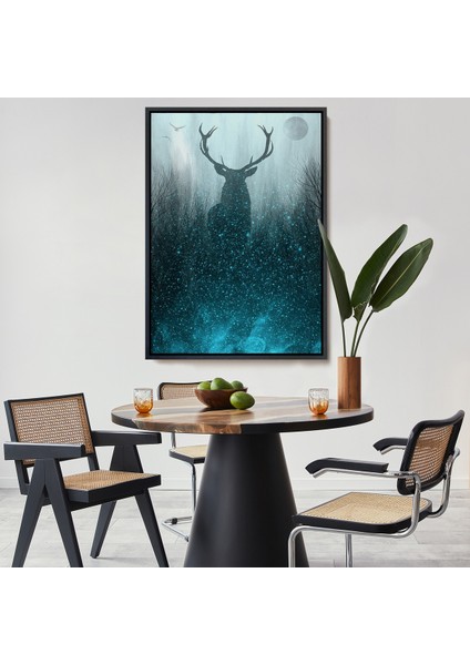 Çerçeveli Geyiğin Gece Ormandaki Silüeti Duvar TABLOSU-6369