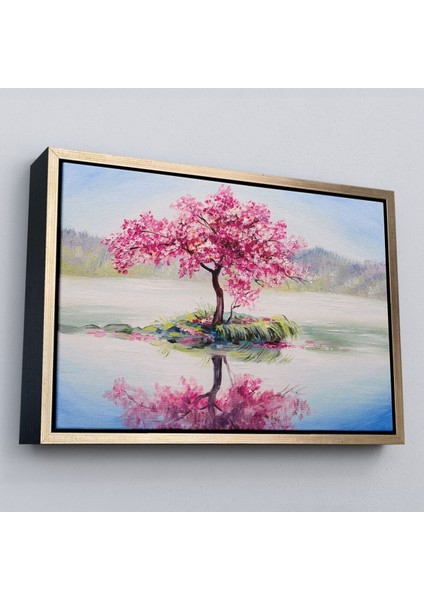 Çerçeveli Gölde Sakura Ağacı Yağlıboya Görünüm Kanvas Duvar TABLOSU-3494