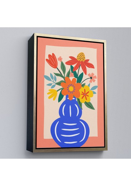 Çerçeveli Minimalist Çiçek Mavi Vazoda Renkli Buket TABLOSU-7666 modelleri