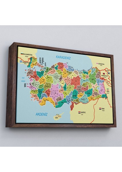 Çerçeveli Türkiye Haritası Kanvas Tablo Il ve Ilçeli Ayrıntılı Eğitici Komşulu TABLO-3012