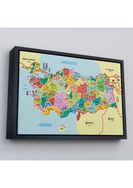 Çerçeveli Türkiye Haritası Kanvas Tablo Il ve Ilçeli Ayrıntılı Eğitici Komşulu TABLO-3012 modelleri