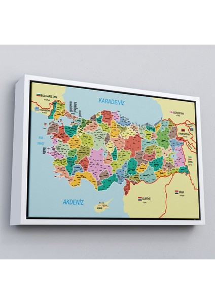 Çerçeveli Türkiye Haritası Kanvas Tablo Il ve Ilçeli Ayrıntılı Eğitici Komşulu TABLO-3012 fırsatları