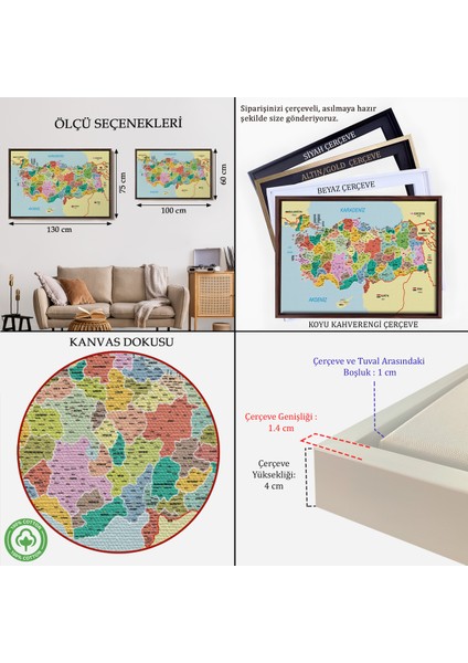 Çerçeveli Türkiye Haritası Kanvas Tablo Il ve Ilçeli Ayrıntılı Eğitici Komşulu TABLO-3012 indirimleri