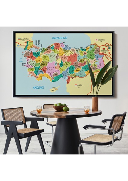Çerçeveli Türkiye Haritası Kanvas Tablo Il ve Ilçeli Ayrıntılı Eğitici Komşulu TABLO-3012