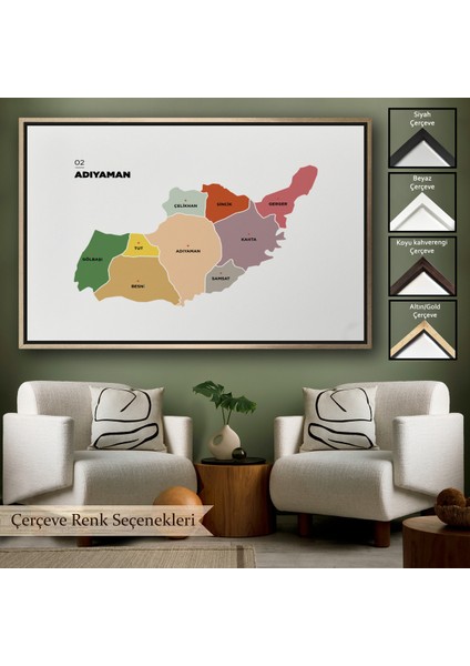 Çerçeveli Adıyaman Ili ve Ilçeler Haritası Dekoratif Kanvas TABLO-1250