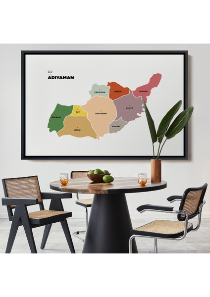 Çerçeveli Adıyaman Ili ve Ilçeler Haritası Dekoratif Kanvas TABLO-1250