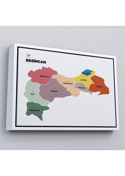 Çerçeveli Erzincan Ili ve Ilçeler Haritası Dekoratif Kanvas TABLO-1334