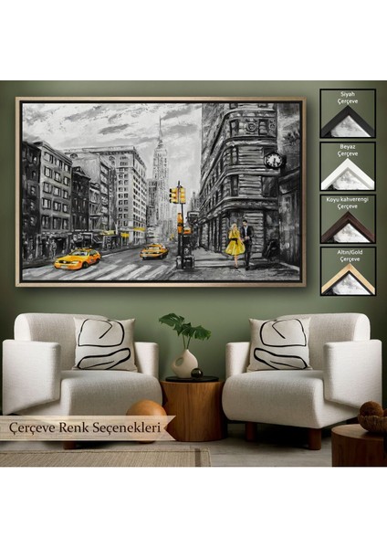 Çerçeveli New York Sokakları ve Sarı Taksi Yağlıboya Görünüm TABLO-3500