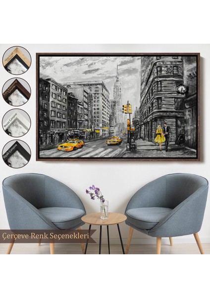 Çerçeveli New York Sokakları ve Sarı Taksi Yağlıboya Görünüm TABLO-3500
