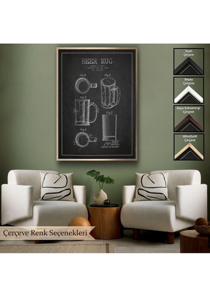 Çerçeveli 1951 Tarihli Bira Bardağı Patent Çizimi Dekoratif Kanvas Duvar TABLOSU-5213