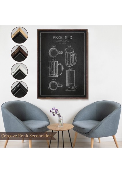 Çerçeveli 1951 Tarihli Bira Bardağı Patent Çizimi Dekoratif Kanvas Duvar TABLOSU-5213