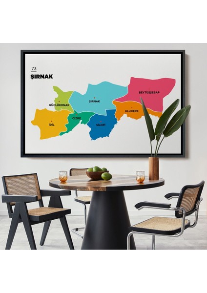Çerçeveli Şırnak Ili ve Ilçeler Haritası Dekoratif Kanvas TABLO-1460