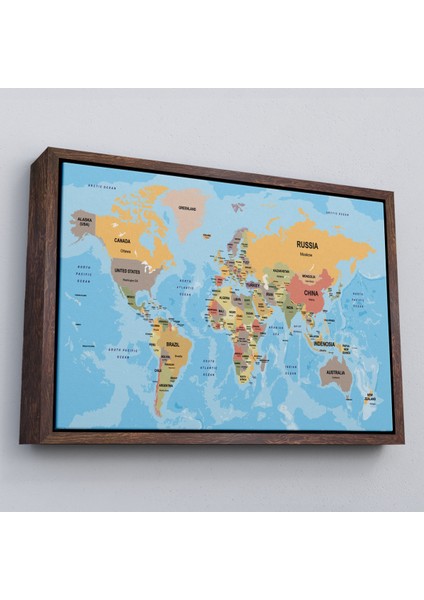 Çerçeveli Dünya Haritası Ülke Başkentli Okyanuslu ve Dekoratif Kanvas TABLO-2229