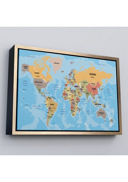Çerçeveli Dünya Haritası Ülke Başkentli Okyanuslu ve Dekoratif Kanvas TABLO-2229 fiyatları