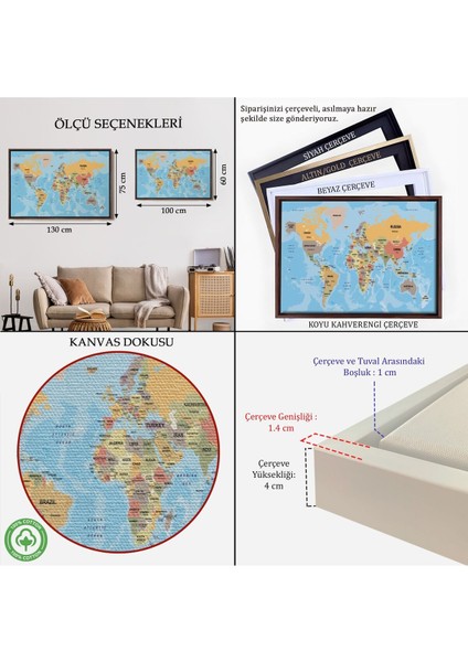 Çerçeveli Dünya Haritası Ülke Başkentli Okyanuslu ve Dekoratif Kanvas TABLO-2229 indirimleri