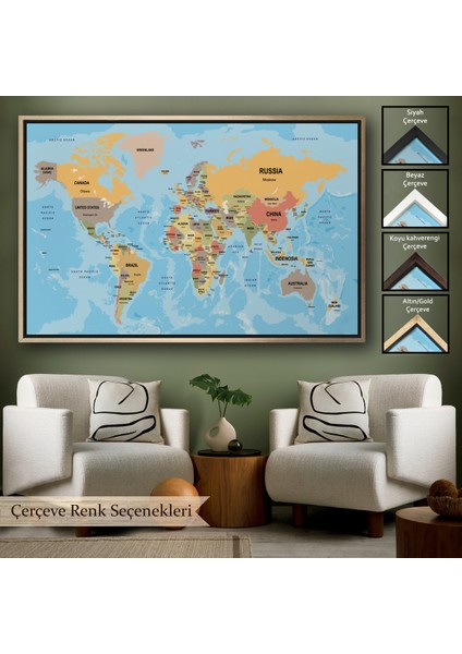 Çerçeveli Dünya Haritası Ülke Başkentli Okyanuslu ve Dekoratif Kanvas TABLO-2229