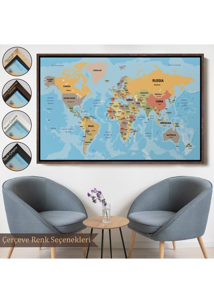 Çerçeveli Dünya Haritası Ülke Başkentli Okyanuslu ve Dekoratif Kanvas TABLO-2229